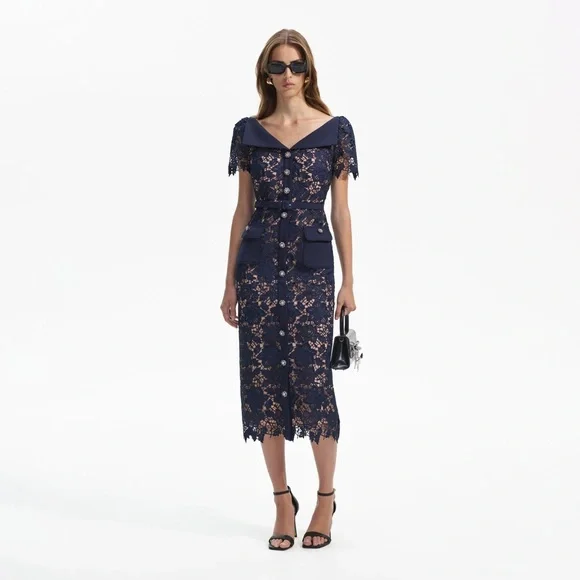 Self-Portrait | Dresses | Selfportrait Navy Lace Midi Dress | Poshmark